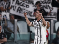 Juventus forward Dusan Vlahovic (7) celebrates after scoring his goal to make it 1-0 during the Serie A football match n.37 JUVENTUS - LAZIO...