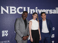 NEW YORK, NEW YORK - MAY 16:  (L-R) Ernie Hudson, Caitlin Bassett and Raymond Lee attend the 2022 NBCUniversal Upfront at Mandarin Oriental...