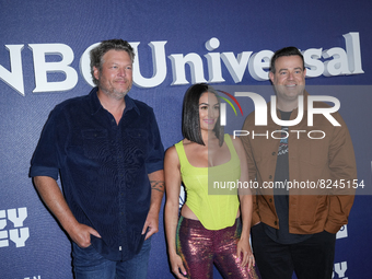 NEW YORK, NEW YORK - MAY 16:  (L-R) Blake Shelton, Nikki Bella and Carson Daly attend the 2022 NBCUniversal Upfront at Mandarin Oriental Hot...
