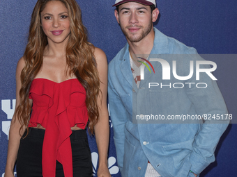 NEW YORK, NEW YORK - MAY 16: Shakira and Nick Jonas attend the 2022 NBCUniversal Upfront at Mandarin Oriental Hotel on May 16, 2022 in New Y...