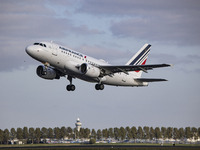 Air France Airbus A318 aircraft as seen during take off and flying phase from Amsterdam Schiphol Airport. The narrow body A318 is departing...