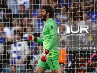  Liverpool's Alisson Becker celebrates after save from Chelsea's Mason Mount during FA Cup Final between Chelsea and Liverpool at Wembley St...