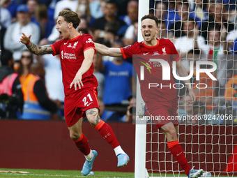Liverpool's Kostas Tsimikas celebrates after scoring the goal in the penalty shoot out during FA Cup Final between Chelsea and Liverpool at...