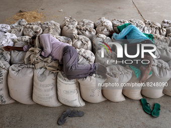 Labourers sleep over stacked sacks of wheat at a wholesale grain market near Sonipat, on the outskirts of New Delhi, India on May 17, 2022....
