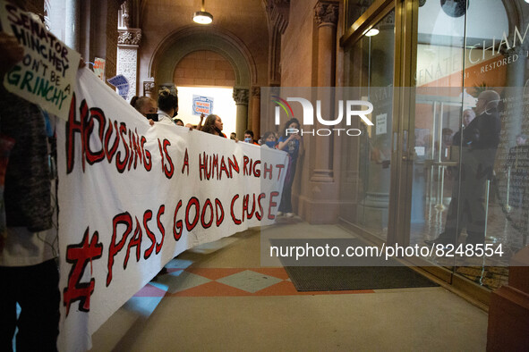 Fifty-one protesters were arrested after blocking the New York State Senate and Assembly Chambers in Albany, New York on May 17, 2022. Over...