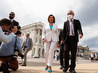 Speaker of the House Nancy Pelosi en route to a press conference marking the 25th anniversary of the New Democrat Coalition.  The 98 members...