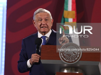 Mexicos President Andres Manuel Lopez Obrador gestures while talk during his daily briefing conference to response media questions  at Natio...