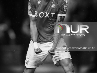 (EDITOR'S NOTE: Image was converted to black and white) 
Brennan Johnson of Nottingham Forest celebrates after scoring a penalty during the...