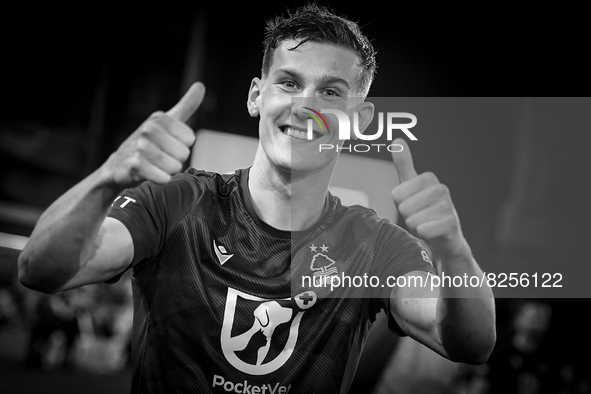 (EDITOR'S NOTE: Image was converted to black and white) 
Ryan Yates of Nottingham Forest celebrates victory during the Sky Bet Championship...