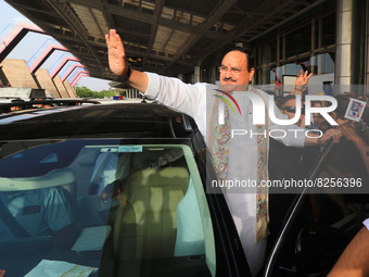 BJP National President JP Nadda being welcomed by supporters upon his arrival, in Jaipur, Rajasthan, India, Thursday, May 19, 2022. (