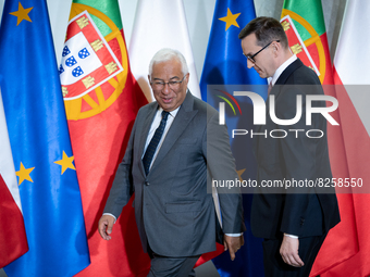 Polish Prime Minister Mateusz Morawiecki welcomes Portuguese Prime Minister Antonio Costa as they meet at the Chancellery in Warsaw, Poland...