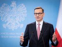 Polish Prime Minister Mateusz Morawiecki speaks during a joint press conference with Portuguese Prime Minister Antonio Costa, at the Chancel...
