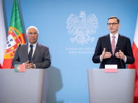 Portuguese Prime Minister Antonio Costa and Polish Prime Minister Mateusz Morawiecki during a joint press conference, at the Chancellery in...