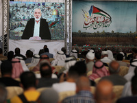 Palestinian supporters of Hamas movement attend the national conference on the first anniversary of the May 2021 conflict between Israel and...