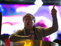 Presidential candidate Gustavo Petro speaks during the closing campaign rally of left-wing presidential candidate for the political alliance...