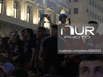 AC Milan fans celebrating Serie A title in Duomo square, in Milan, Italy, on May 23, 2022. (