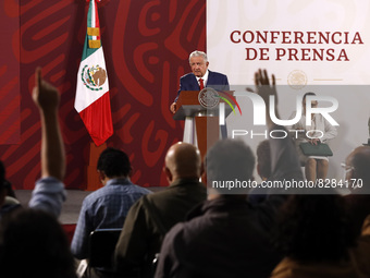 Mexican President,  Andres Manuel Lopez Obrador, gesticulates while speak during the daily Press conference to  announce of the Monthly Nati...