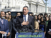 US Senator Alex Padilla(D-CA)(center) alongside Ami Bera(D-CA)(1 left), Senator Dick Durbin(D-IL)(1 right) speaks of the Bipartisan Legislat...