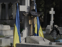 Two Ukrainian flags hang over a cross and tombstone inside the Dolores Cemetery in Mexico City, prior to the burial ceremony and posthumous...