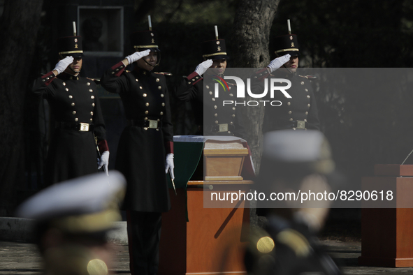Elements of the Mexican army guard a small coffin inside the Panteón Dolores and the Rotonda de las Personas Ilustres in Mexico City, prior...