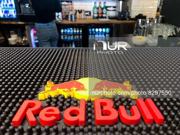 Red Bull logo is seen in a bar in Krakow, Poland on May 23, 2022. 