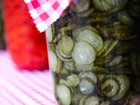 Pickles are seen on a stand in Krakow, Poland on May 25, 2022. (