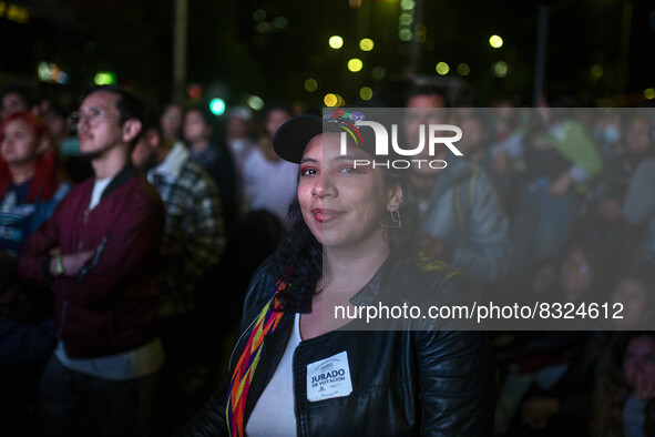 People gather in the streets to follow the election results of the progressive coalition Pacto Histórico with Gustavo Petro for president an...