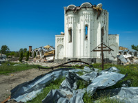 Ruins of the St. George's Skete Church in Dolyna after the russian shelling over the village. The religious complex for monks was totally de...