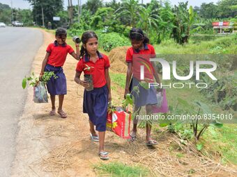Indian school students carry tree sapling to plant their school on the occasion of  World Environment Day in Nagaon District of Assam,India...