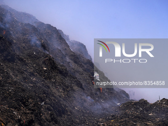 A ragpicker looks for recyclable materials as smoke billows from a burning garbage mound at the Bhalswa landfill site on World Environment D...