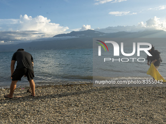 Environmental activists sampled plastic waste on Palu Bay Beach, Central Sulawesi Province, Indonesia on June 5, 2022. The sampling is to en...