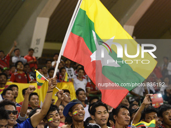 Myanmar fan cheer during the 2018 FIFA World Cup Qualifier Asian group G match between Myanmar and Lebanon at Suphachalasai Stadium in Bangk...