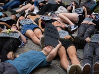Fridays for Future New York City (FFF NYC) activists participated in a climate die-in at Bowling Green Park, New York City on June 10, 2022...