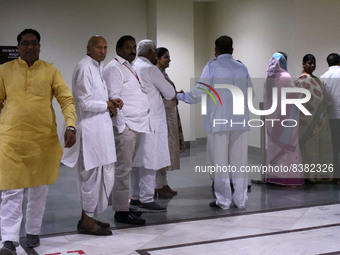  Congress and BJP MLAs wait in a queue to cast their votes  during the Rajya Sabha election at Rajasthan Assembly in Jaipur, Rajasthan , Ind...