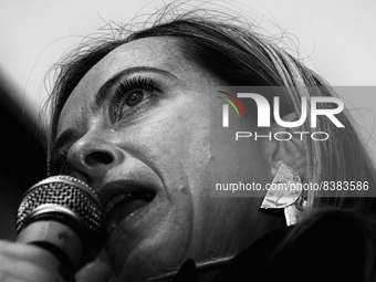(EDITOR'S NOTE: Image was converted to black and white) Fratelli d'Italia leader Giorgia Meloni during a political rally in Rieti. In Rieti,...