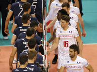 the france team and croatia team before  the european championships man  match between and at palavela on october 09, 2015 in torino, italy....