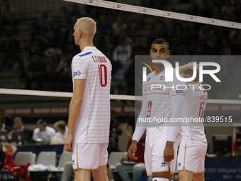 le roux, ngapeth and toniutti during the european championships man  match between and at palavela on october 09, 2015 in torino, italy.  (