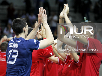 the croatia team at the end of the european championships man  match between and at palavela on october 09, 2015 in torino, italy.  (