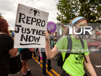 A pro-choice activists carries a sign calling for reproductive justice during a protest against the leaked decision that would overturn Roe...