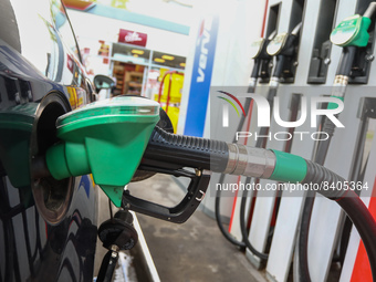 A fuel pump is seen while car is refueling at a petrol station in Krakow, Poland on June 15, 2022. (