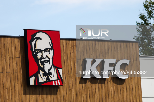 KFC logo is seen on the restaurant in Krakow, Poland on June 15, 2022. 