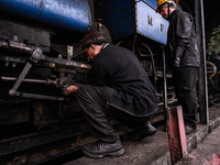 The steam engines of UNESCO World Heritage Site Darjeeling Himalayan Railway ''toy train''-s at the Darjeeling loco shed preparing for the e...