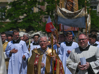 Archbishop of Krakow, Marek Jedraszewski, seen during the Corpus Christi procession in Krakow's Market Square.
The Feast of Corpus Christi,...