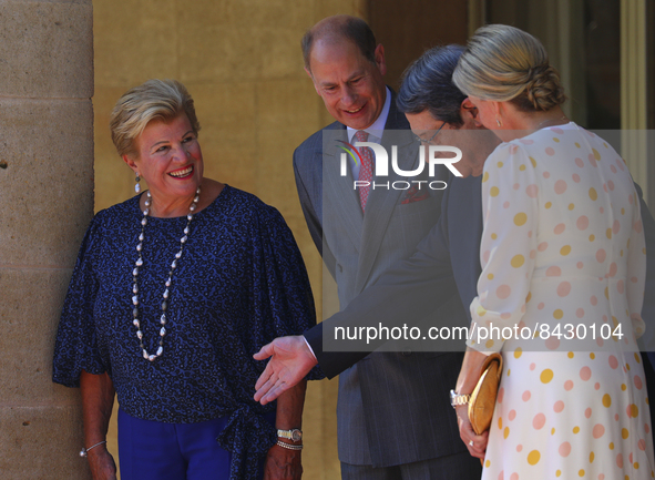 Cyprus President Nicos Anastasiades, second right, and his wife Antri, first on the left, receive Britain's Prince Edward and Sophie, Counte...