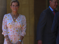 Britain's Prince Edward, Earl of Wessex, right, and Sophie, Countess of Wessex attend a welcoming ceremony before meeting Cypriot President...