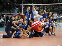 the estonia team with the mascotte of torino 2015 at the end of  the european championships man  match between estonia and croatia at palave...
