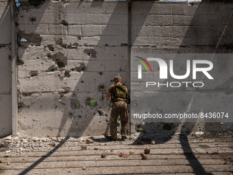A member of the local territorial defence is seen inside a destroyed farm complex dedicated to the cultivation of grains in the surroundings...