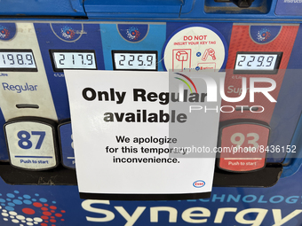Sign on a gasoline pump stating that only regular gasoline is available in Toronto, Ontario, Canada on June 19, 2022. Soaring gas prices hel...