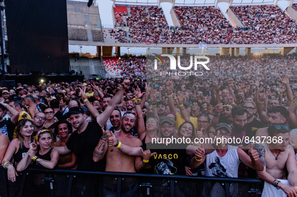 Fans of the singer Vasco Rossi before the concert in Bari at the San Nicola stadium on June 22, 2022.
Italian singer Vasco Rossi performs d...