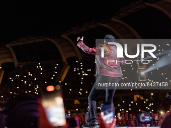 The singer Vasco Rossi sings during the concert in Bari at the San Nicola stadium on June 22, 2022.
Italian singer Vasco Rossi performs dur...